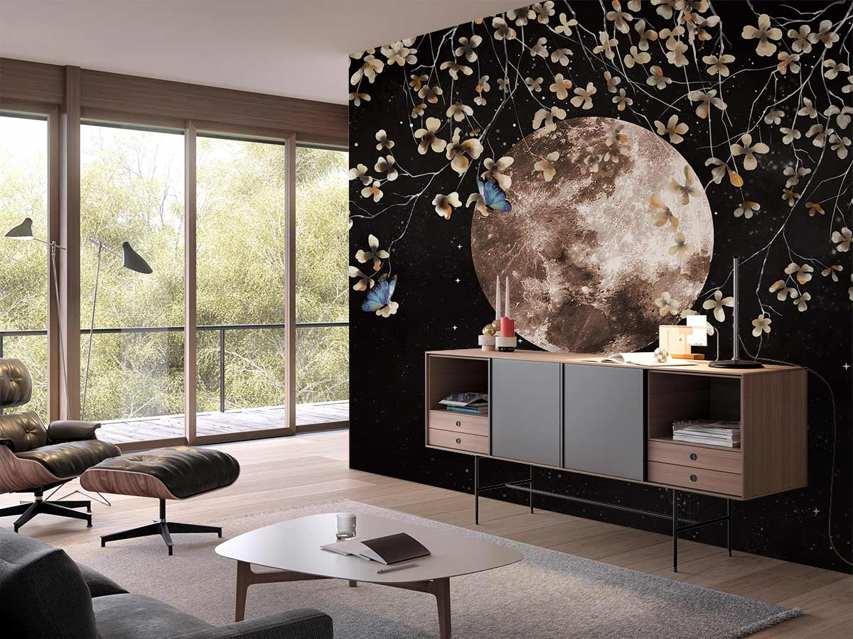 Metallic Moon Floral Botanical Mural Wallpaper in living room