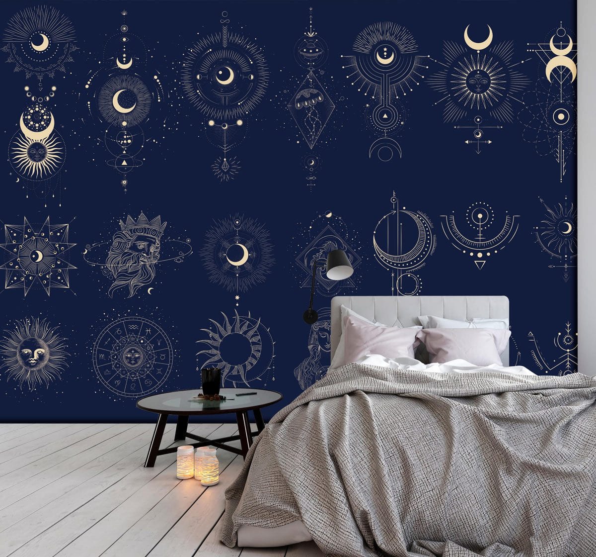 Moon Phases Pattern Wallpaper Mural for Use as a Décor Accent in the Bedroom