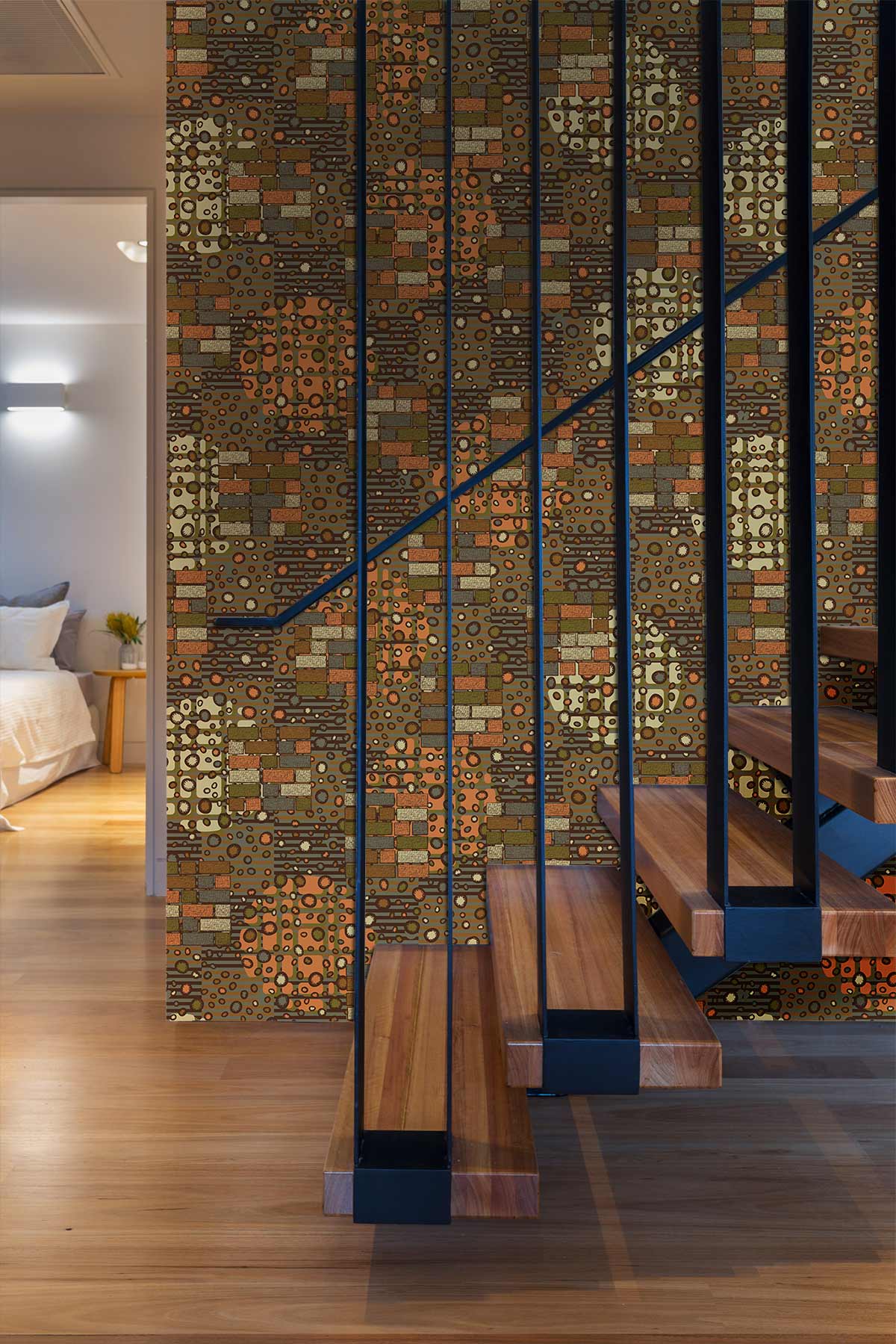 Rustic Orange Geometric Mural Wallpaper in bedroom