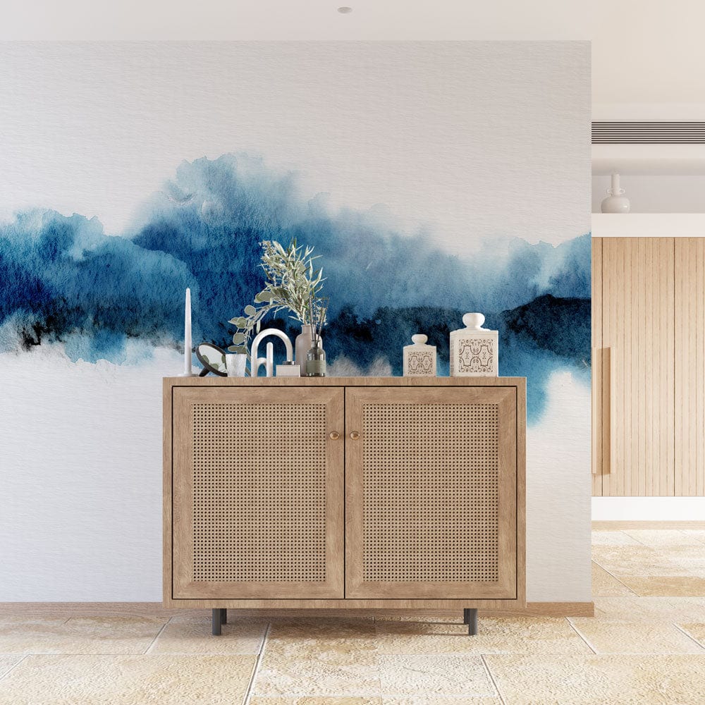 blue watercolor mountain wall mural hallway art design