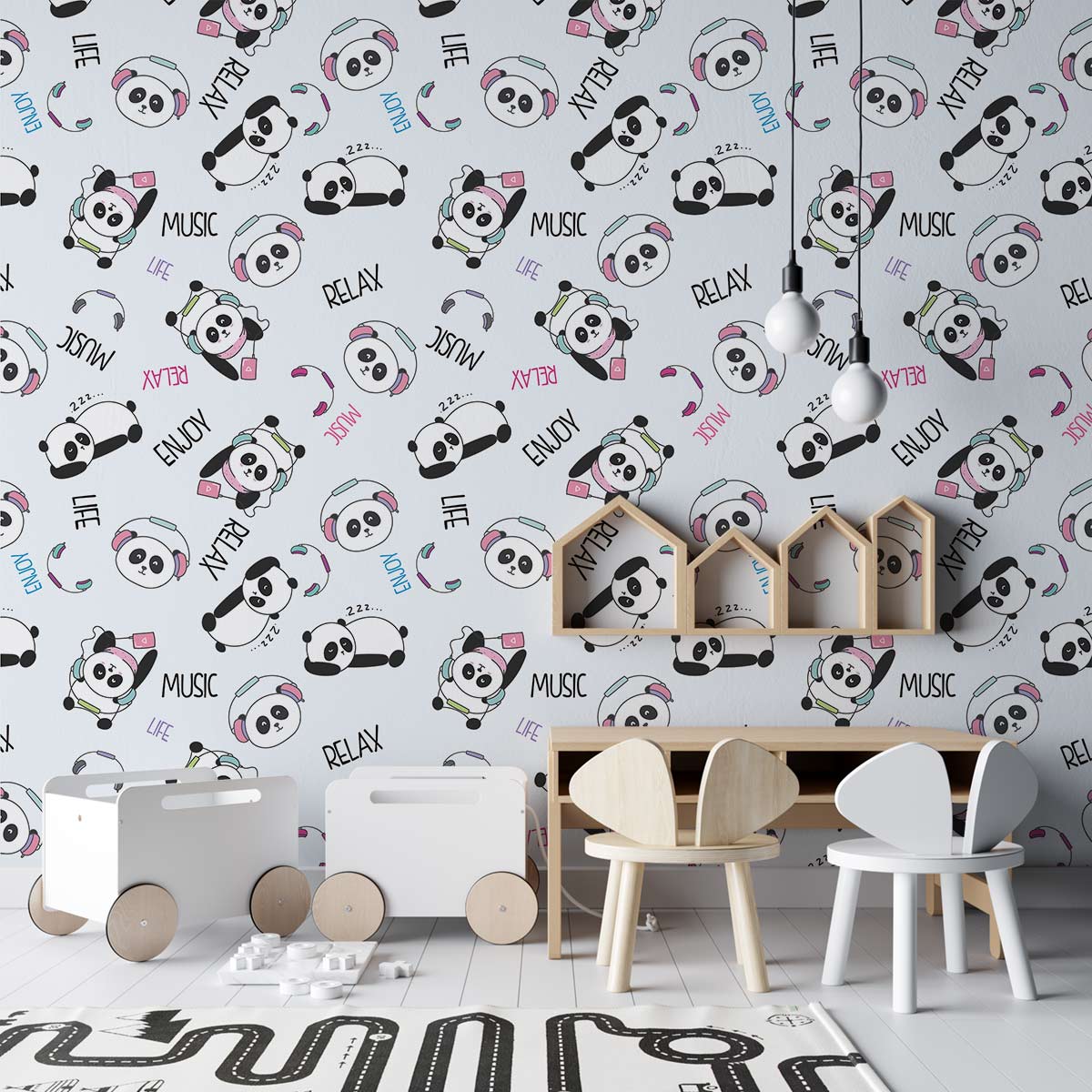 Playful Panda Cartoon Music Mural Wallpaper in children's room