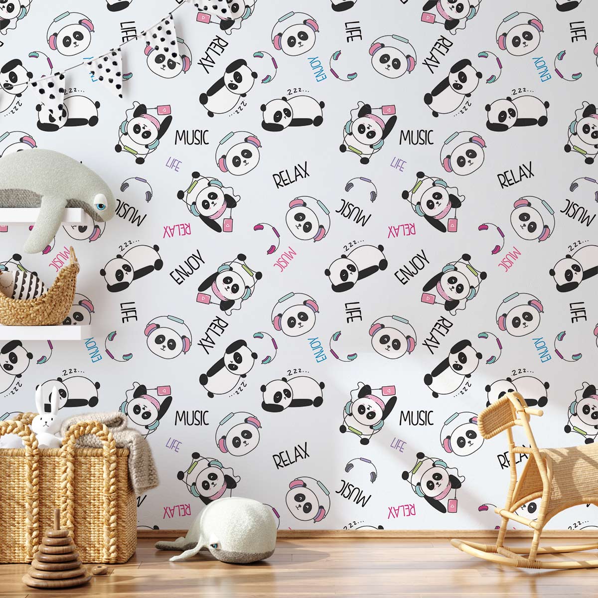 Playful Panda Cartoon Music Mural Wallpaper in playroom