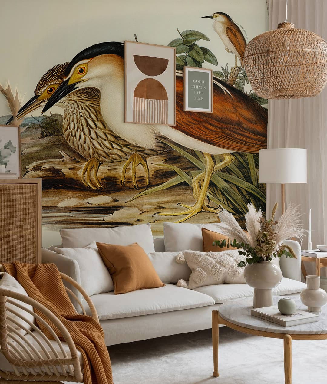 Vintage Bird Illustration Art Wallpaper Mural in living room