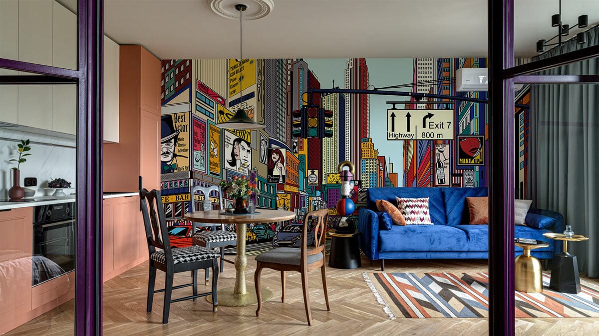 Vibrant New York City Scene Artistic Wall Mural in living room