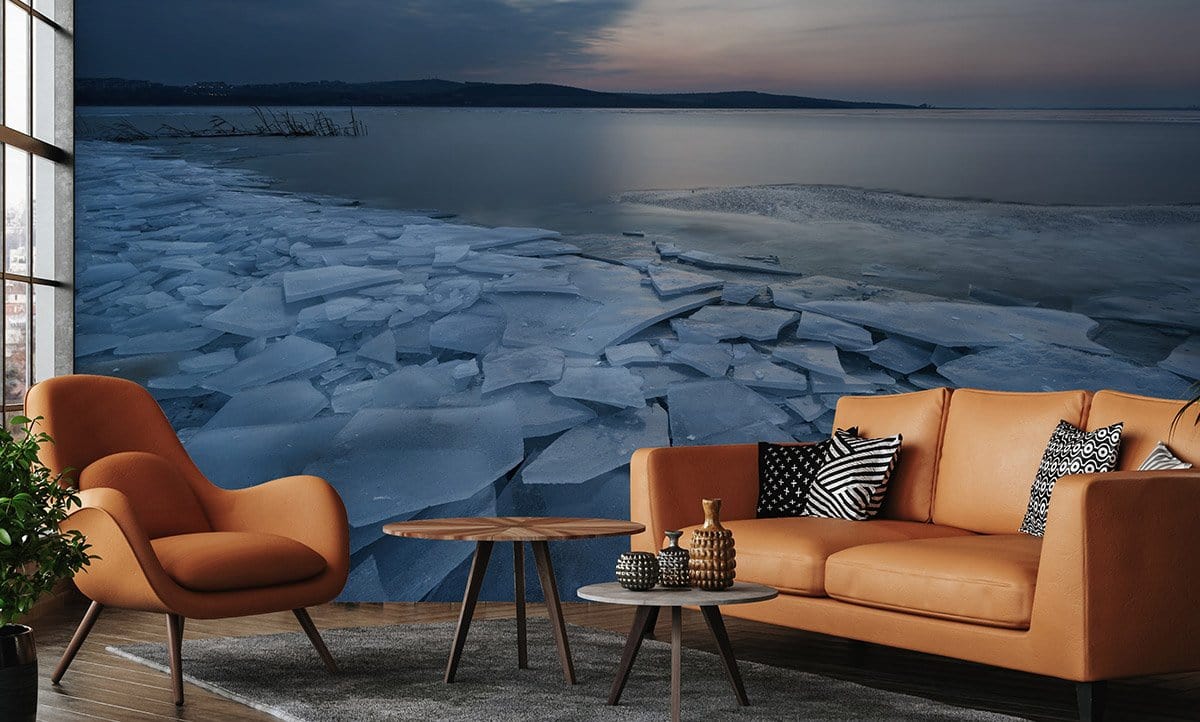 Serene Blue Ice Landscape Mural Wallpaper in living room