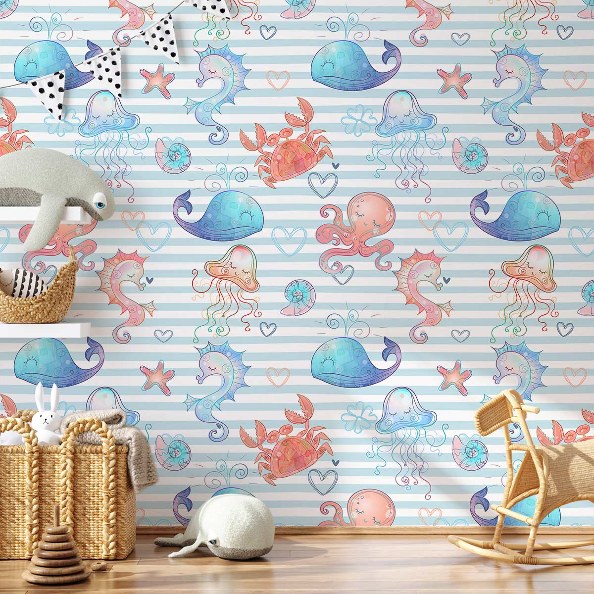 Ocean Party Above Blue Stripes Wallpaper Mural Kid's Room