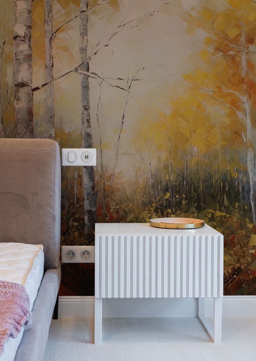 Autumn Birch Tree Forest Mural Wallpaper in bedroom