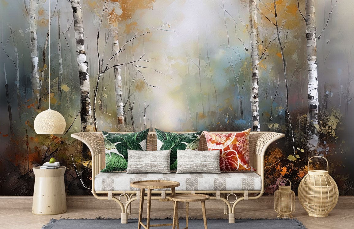 Misty Autumn Birch Forest Mural Wallpaper in living room