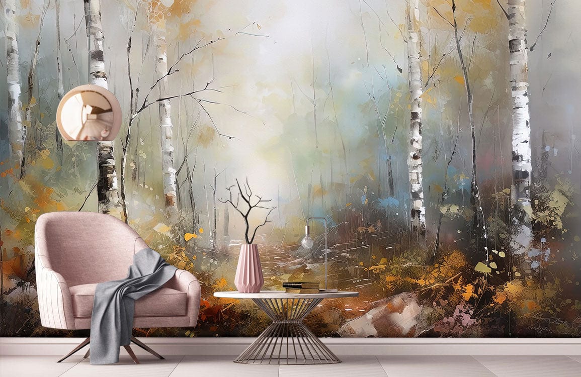 Misty Autumn Birch Forest Mural Wallpaper in living room