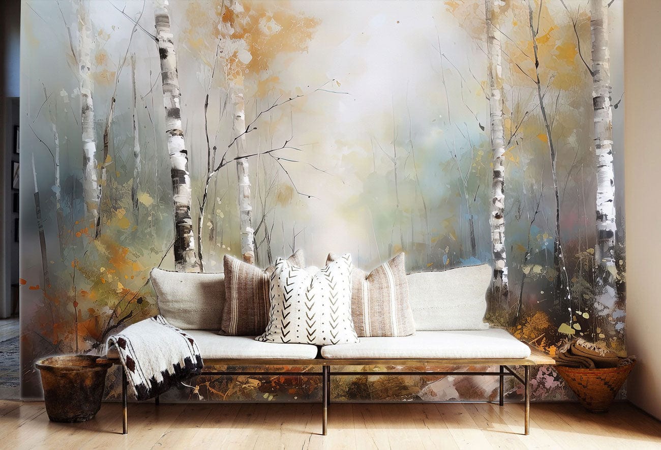 Misty Autumn Birch Forest Mural Wallpaper in living room