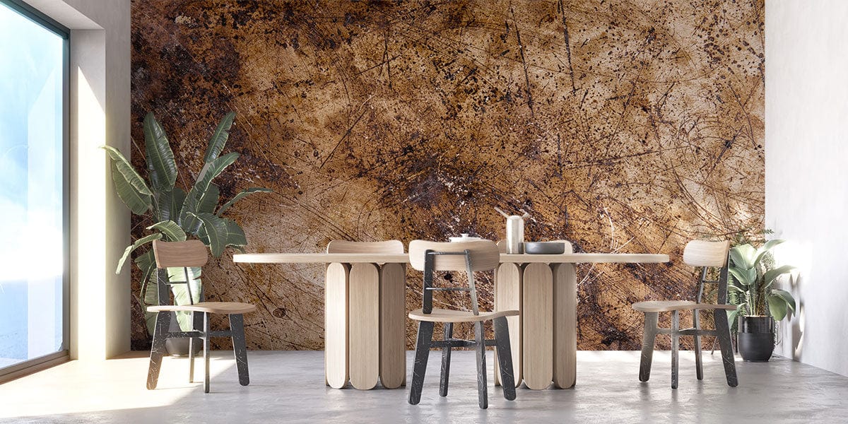 Rustic Distressed Gold Metallic Mural Wallpaper in dining room