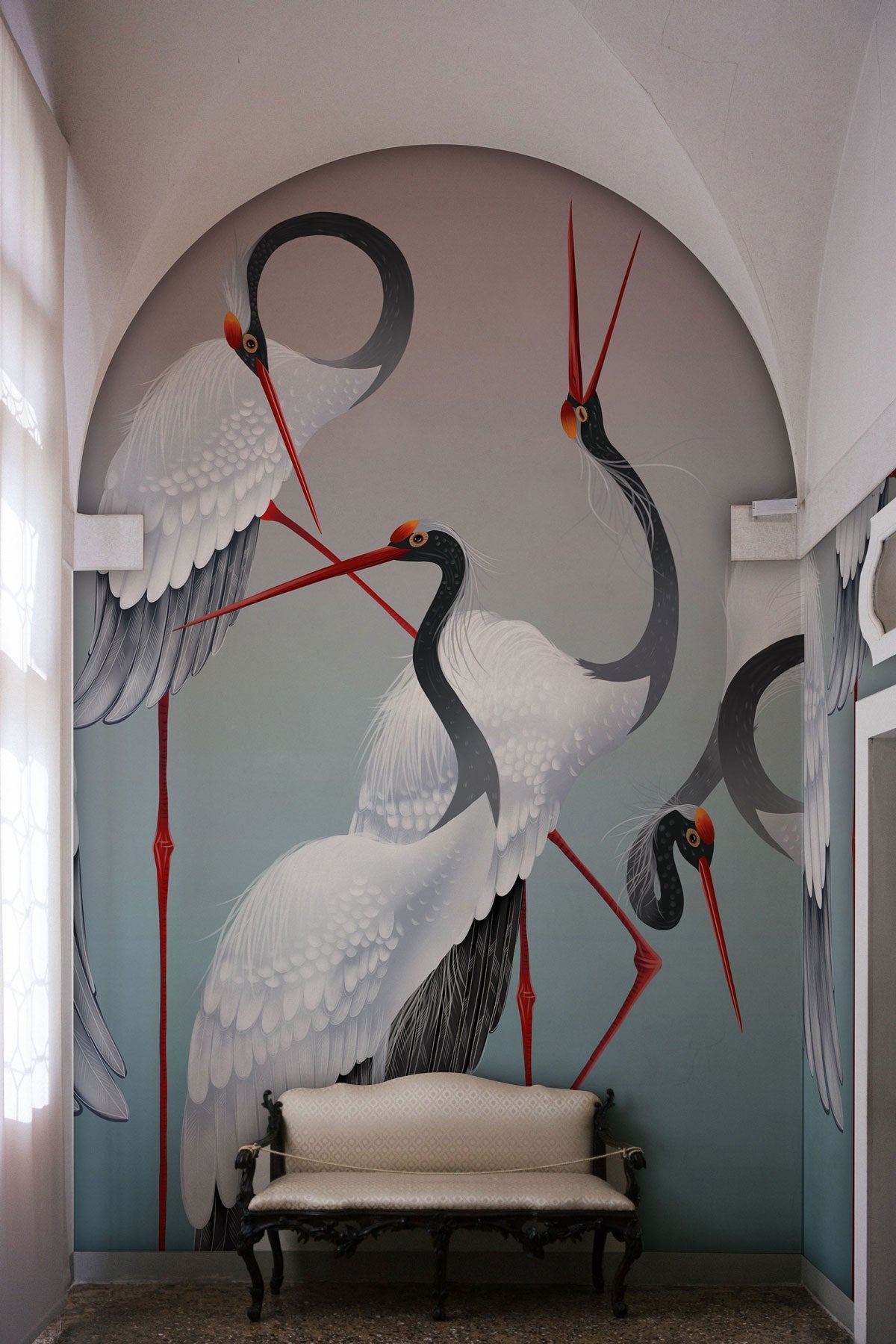 Elegant Crane Dance Nature Mural Wallpaper in entryway