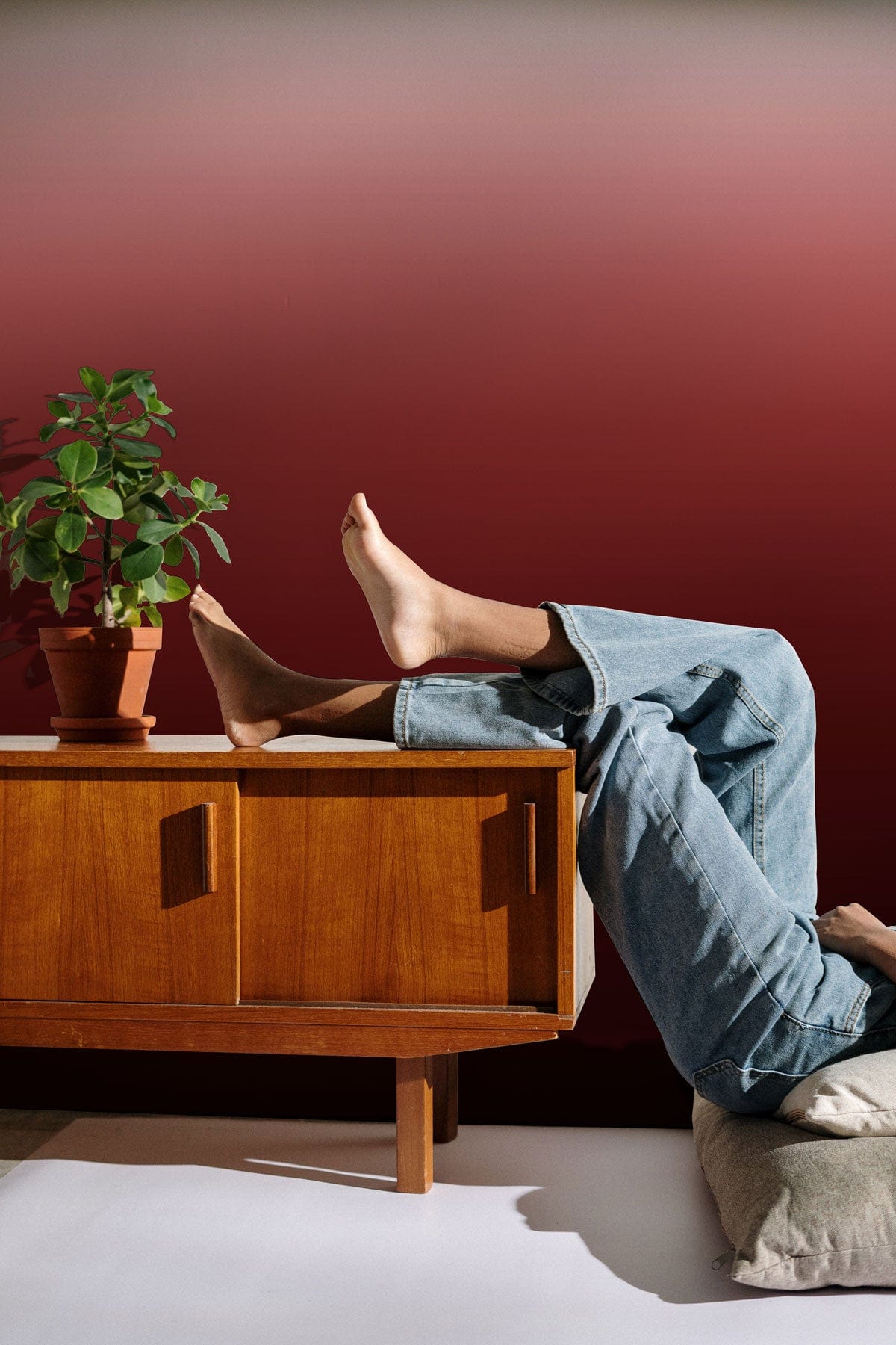 ombre dark red wall mural hallway design