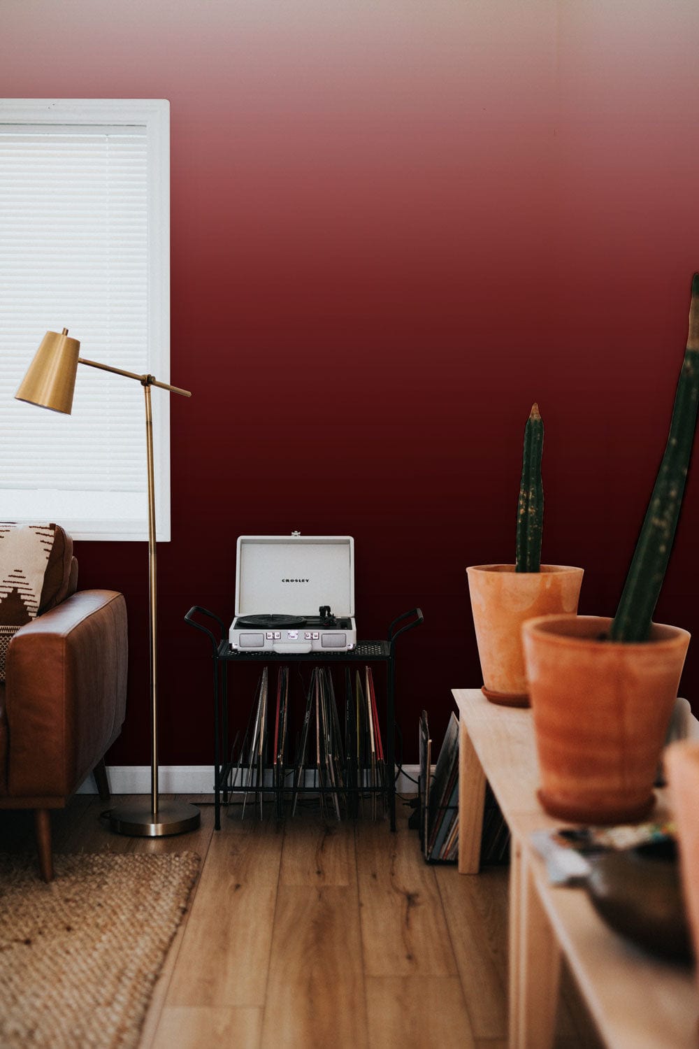 ombre dark red wall mural office decor idea