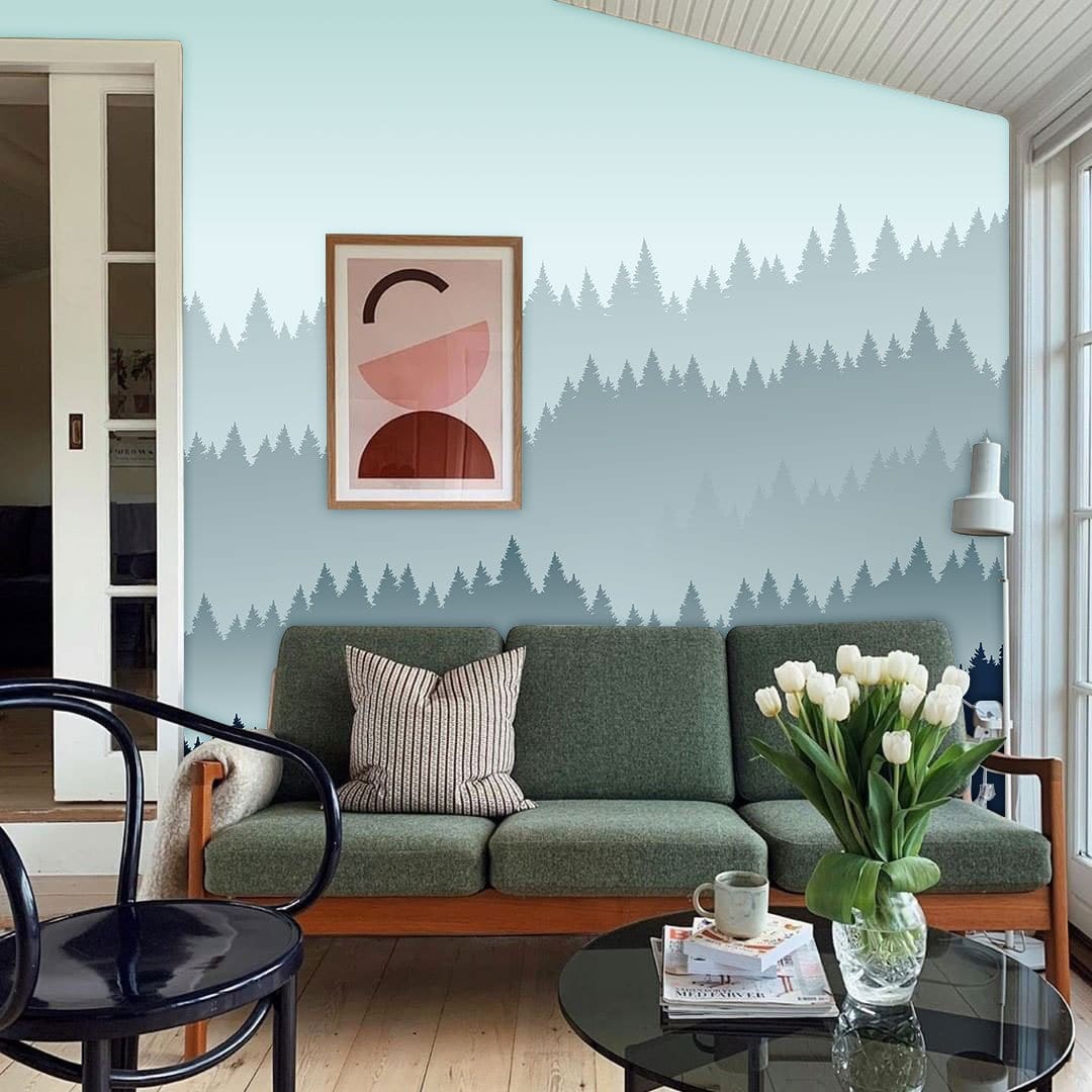 Misty Forest Silhouette Wallpaper Mural in living room
