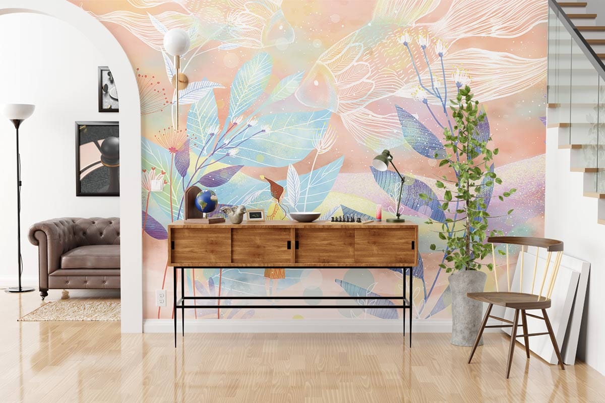 Whimsical Botanical Garden Wall Mural in living room