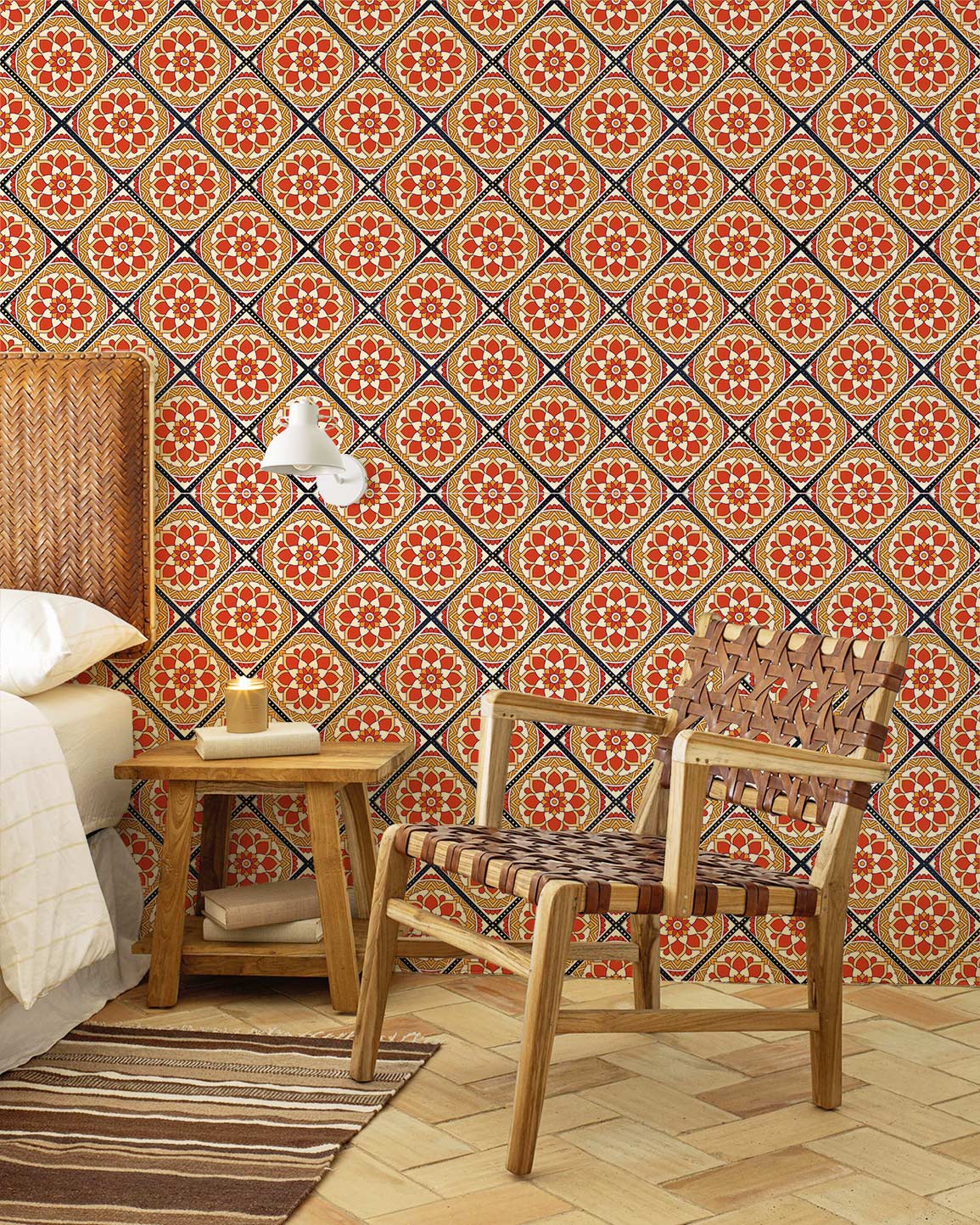 amazing bedroom wallpaper mural, a design of orange red repeat pattern