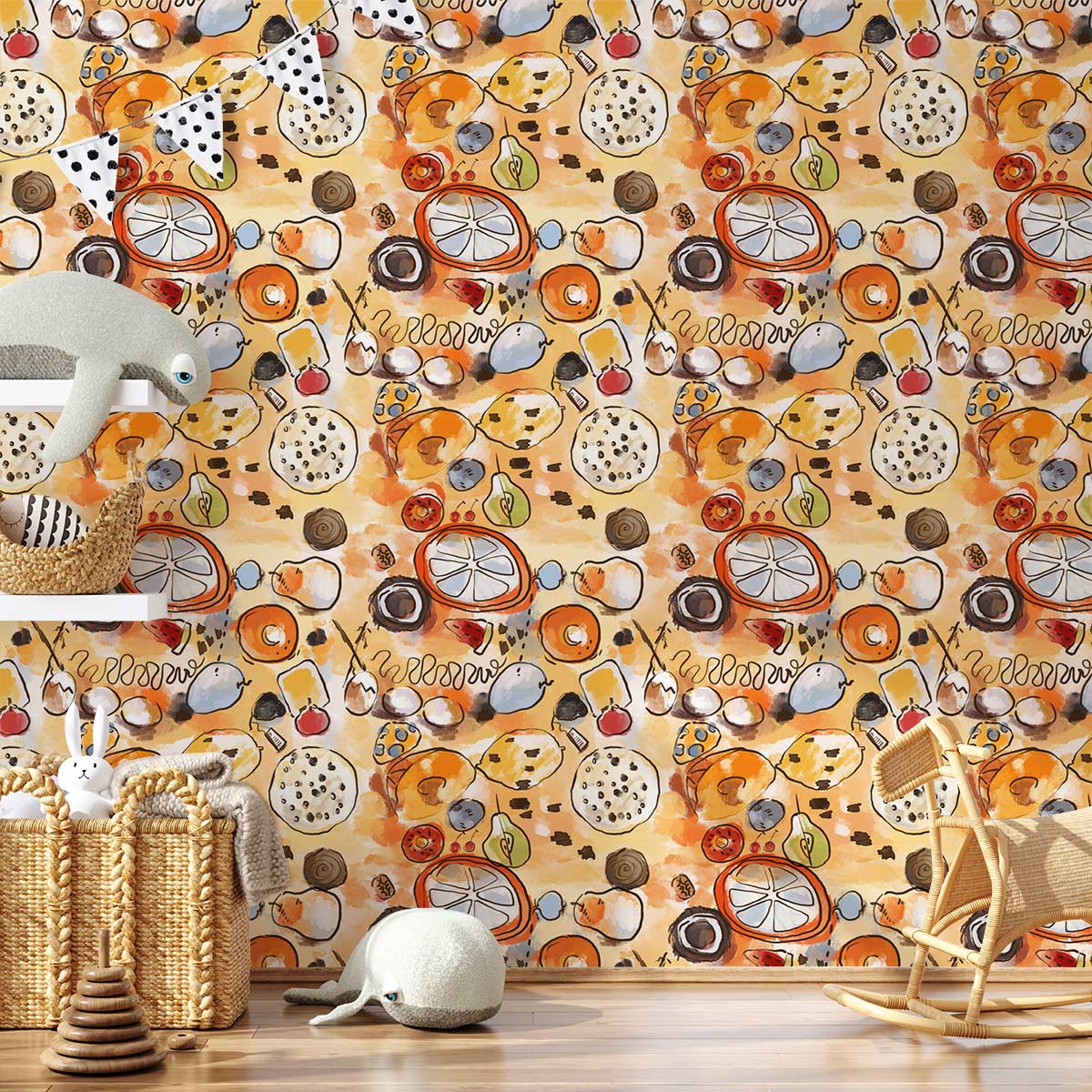 Wall mural for the hallway decorated with fruits using orange watercolours.