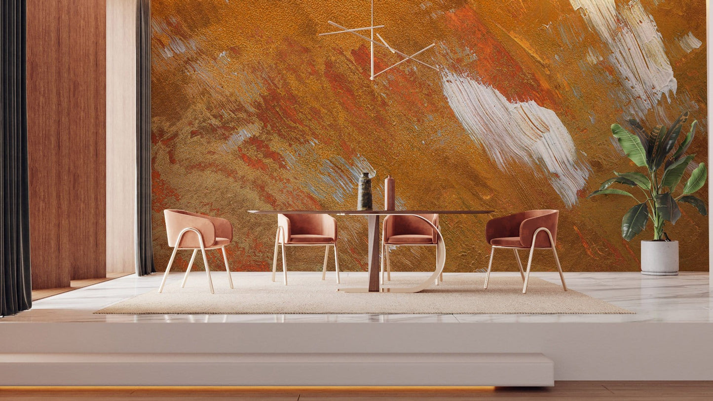 Abstract Gold Brush Stroke Mural Wallpaper in dining room
