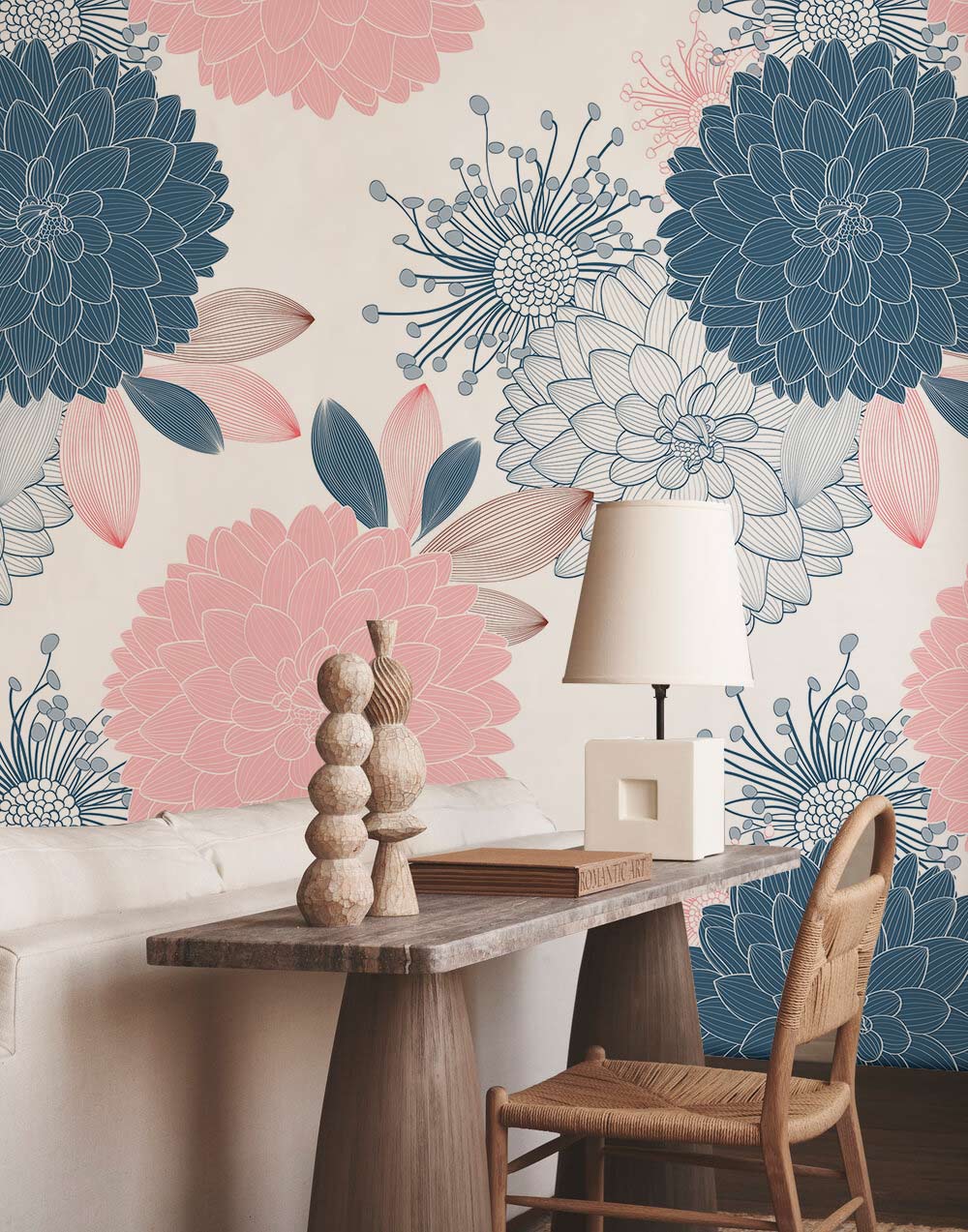 a pink and blue wallpaper with a fantasy flower pattern