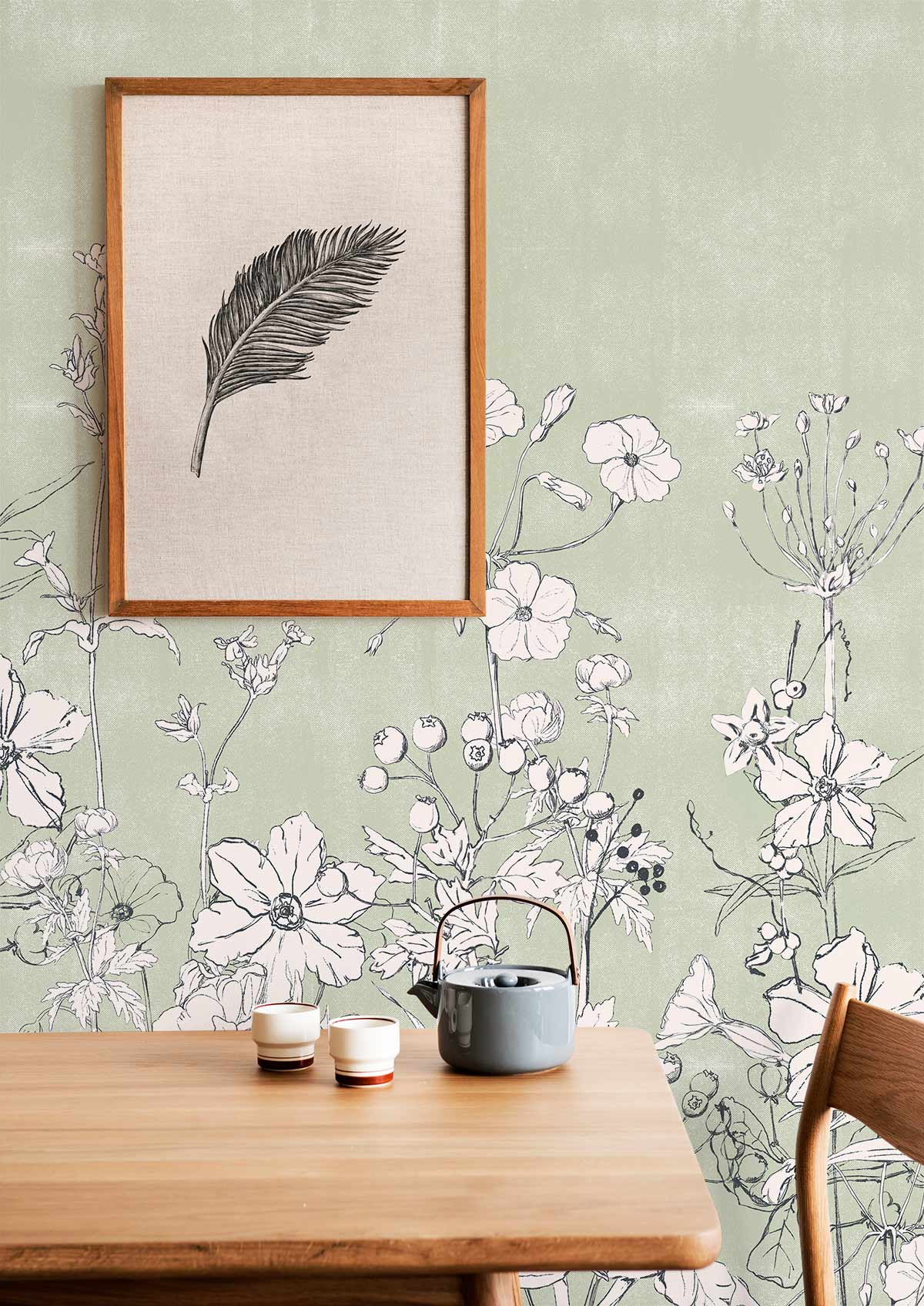 Wallpaper Mural with Pale Plants for the Dining Room