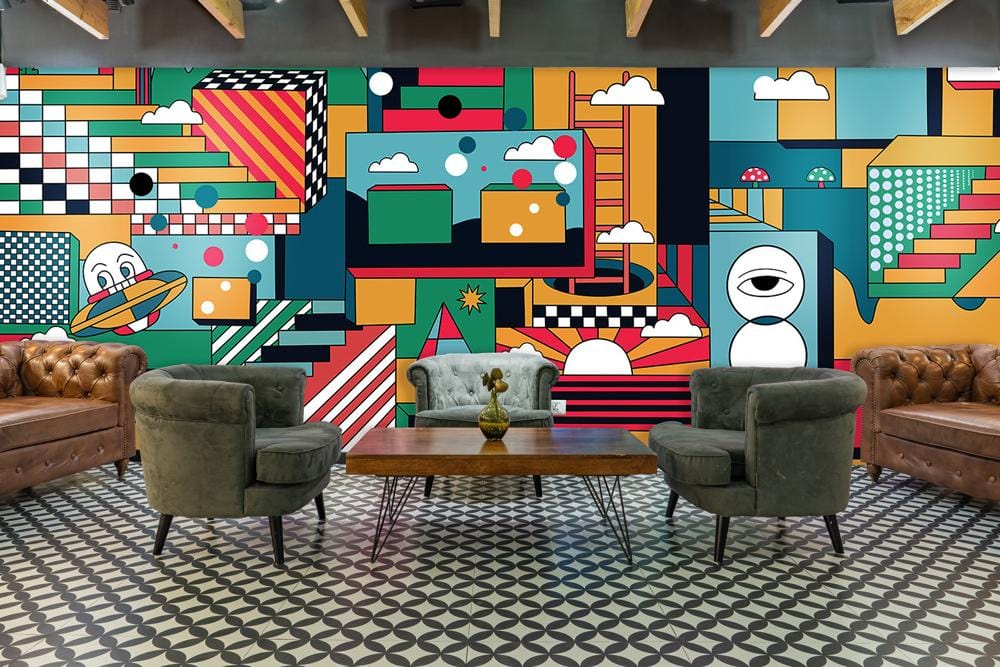 Wallpaper mural for the break room at work depicting a colourful version of the Parallel World.
