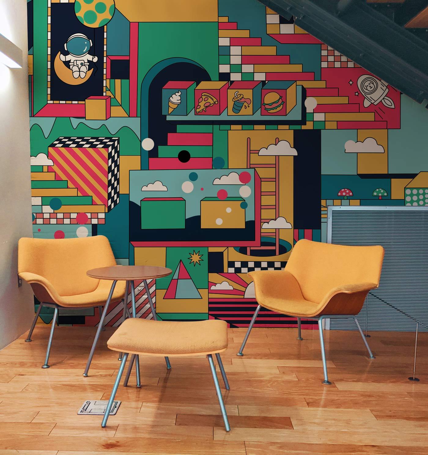 Mural Wallpaper Design Inspired by the Parallel World Office, Colorful, for Restaurant Decoration