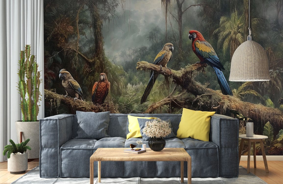 Tropical Rainforest Parrot Mural Wallpaper in living room