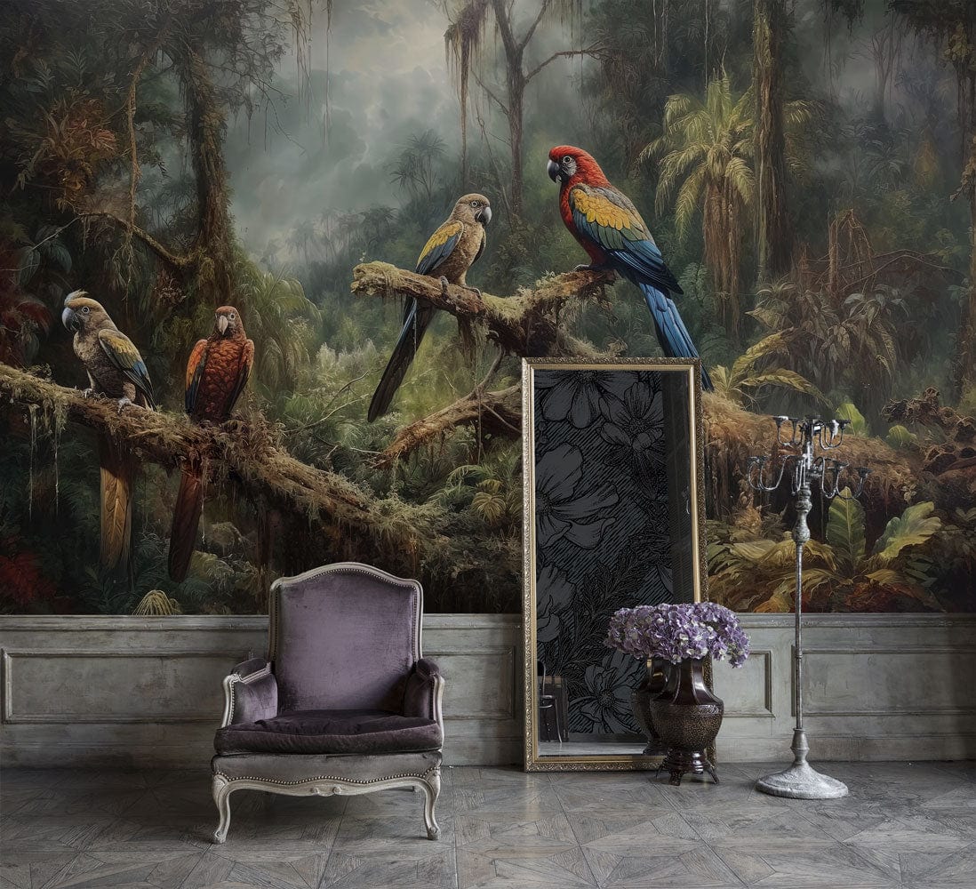 Tropical Rainforest Parrot Mural Wallpaper in living room