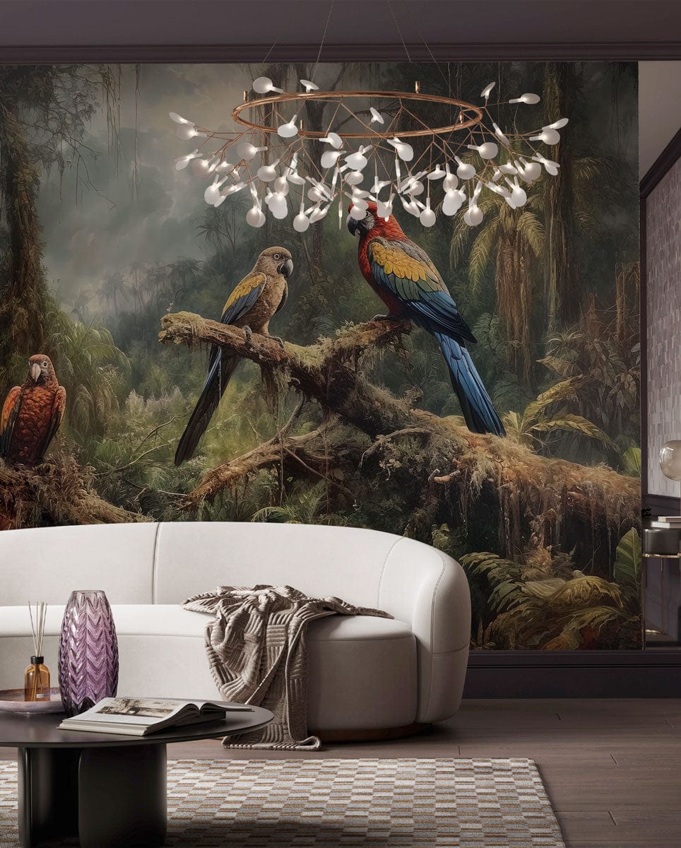 Tropical Rainforest Parrot Mural Wallpaper in living room