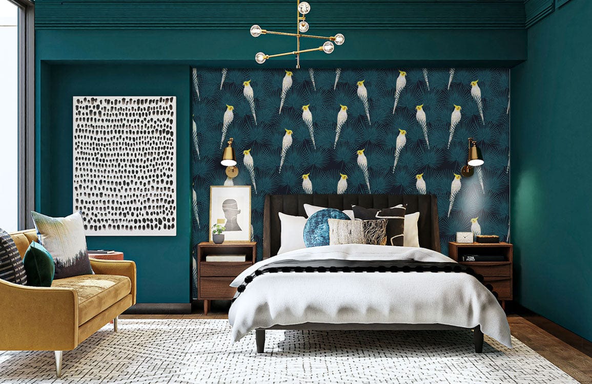 Tropical Parrot Botanical Wall Mural in bedroom
