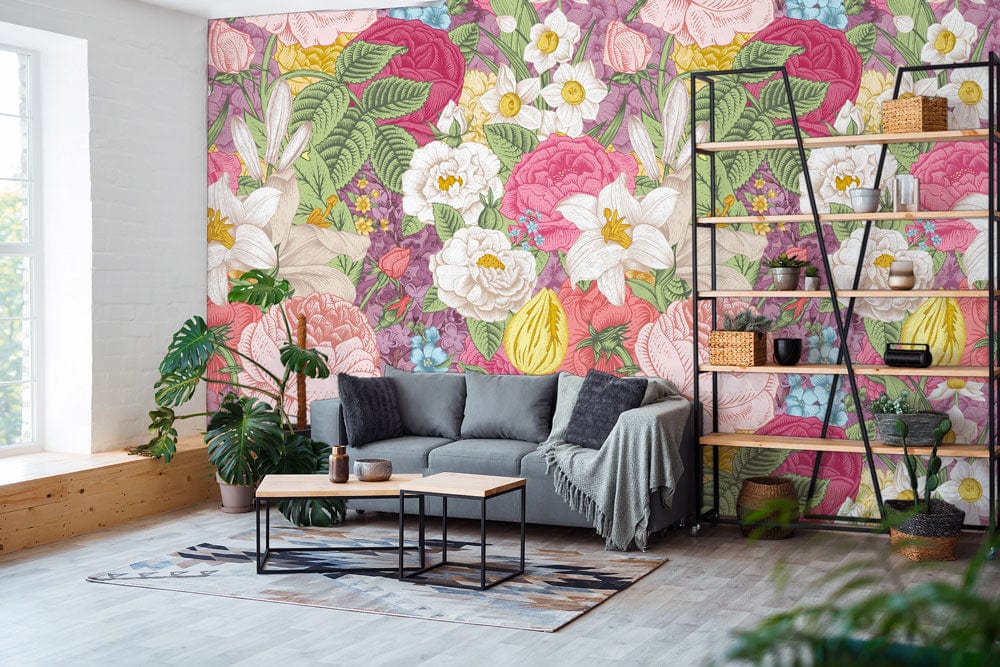 Wallpaper mural with a pastel version of a prosperous flower design for the living room.