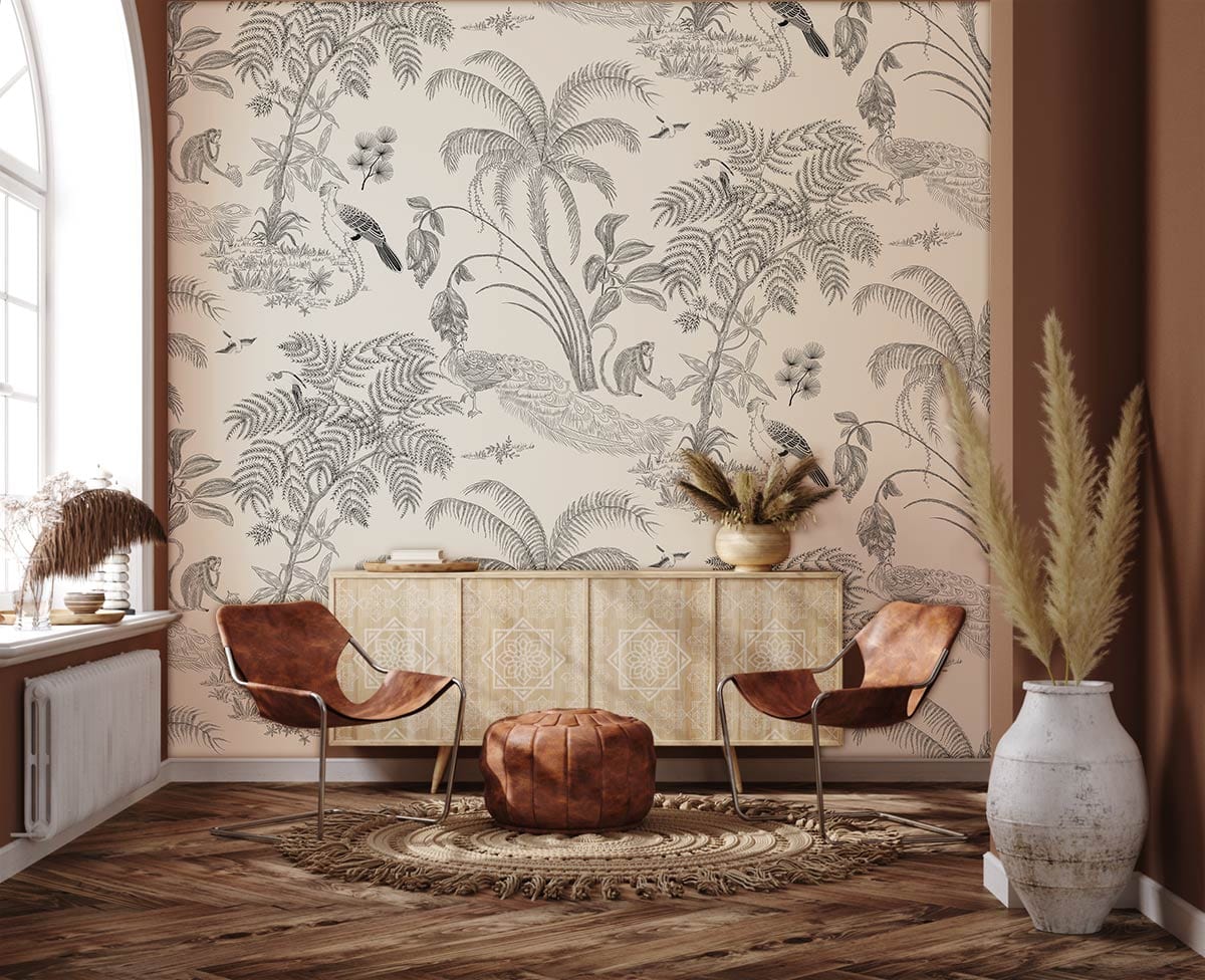 Tropical Bird Monochrome Botanical Mural Wallpaper in living room
