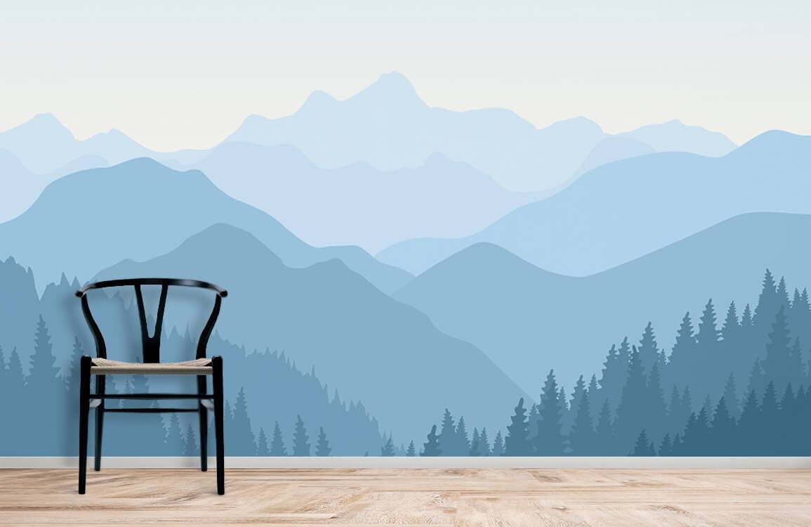 Mural Room Wallpaper Featuring a Blue Mountain Landscape