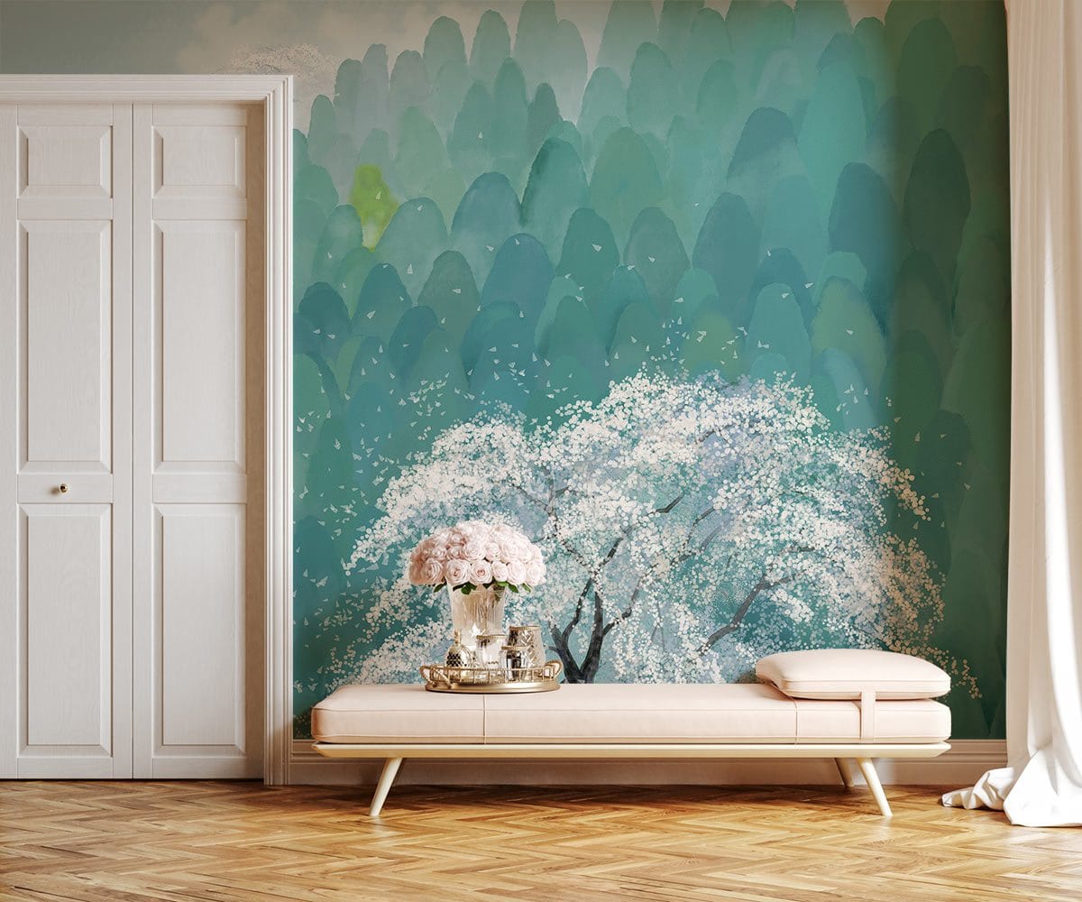Emerald Misty Forest Mural Wallpaper in living room