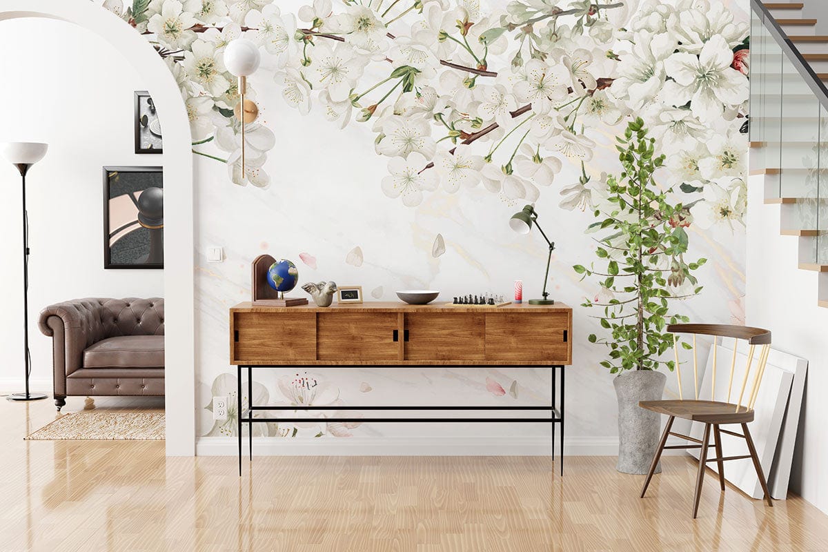 Painted Pear Blossoms Flower Wallpaper Mural for living room