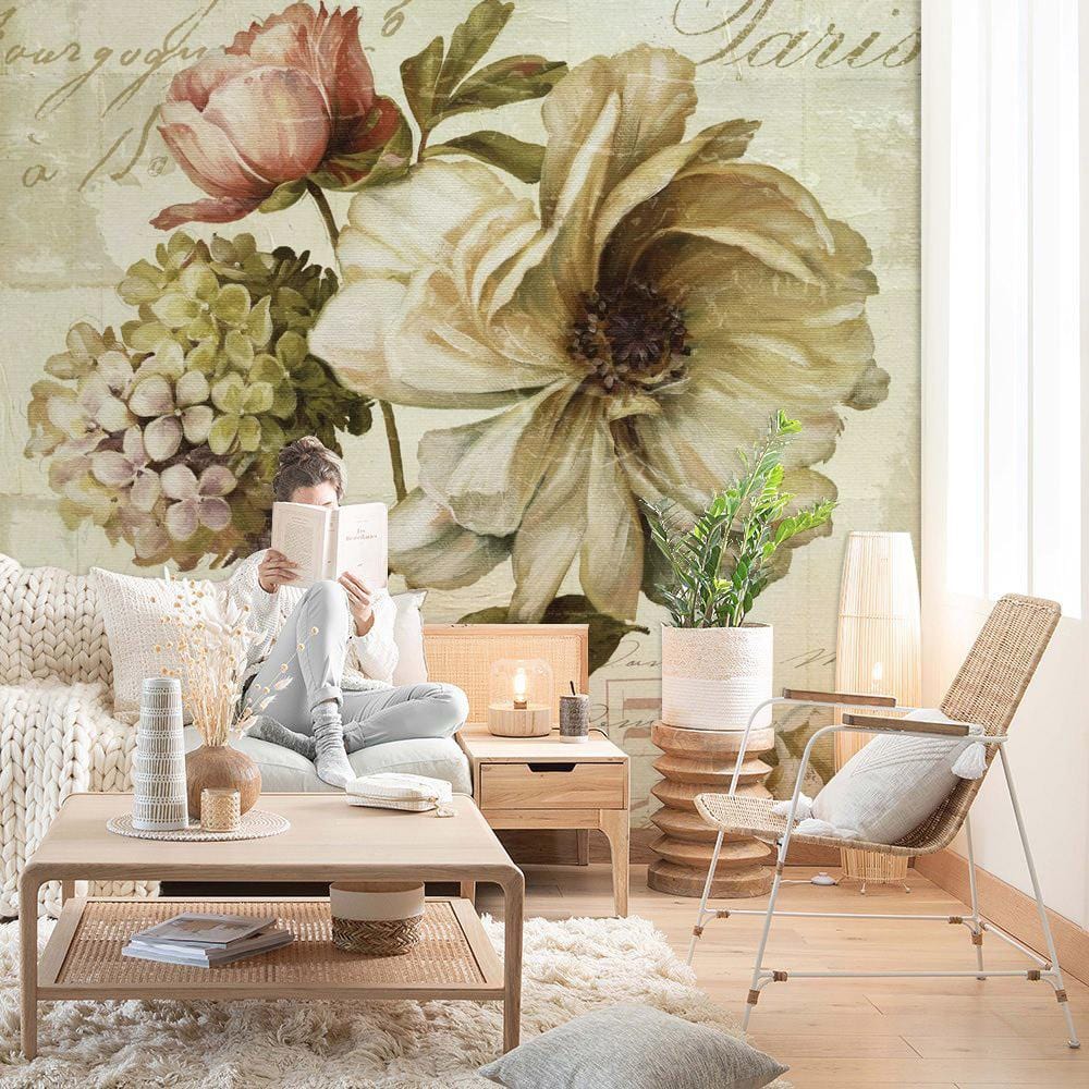 Vintage Parisian Floral Mural Wallpaper in living room