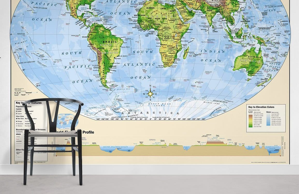 Educational Physical World Map Wall Mural in office