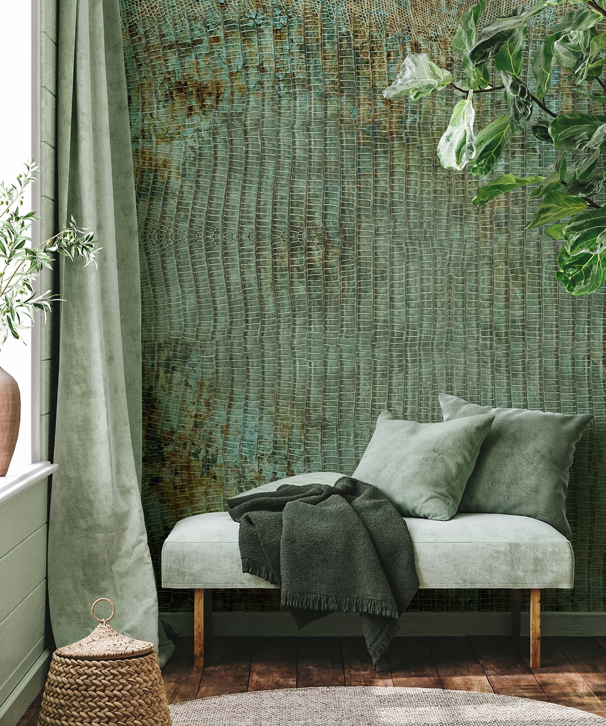 Decor for the house hallways including a wall painting with a snake skin motif.