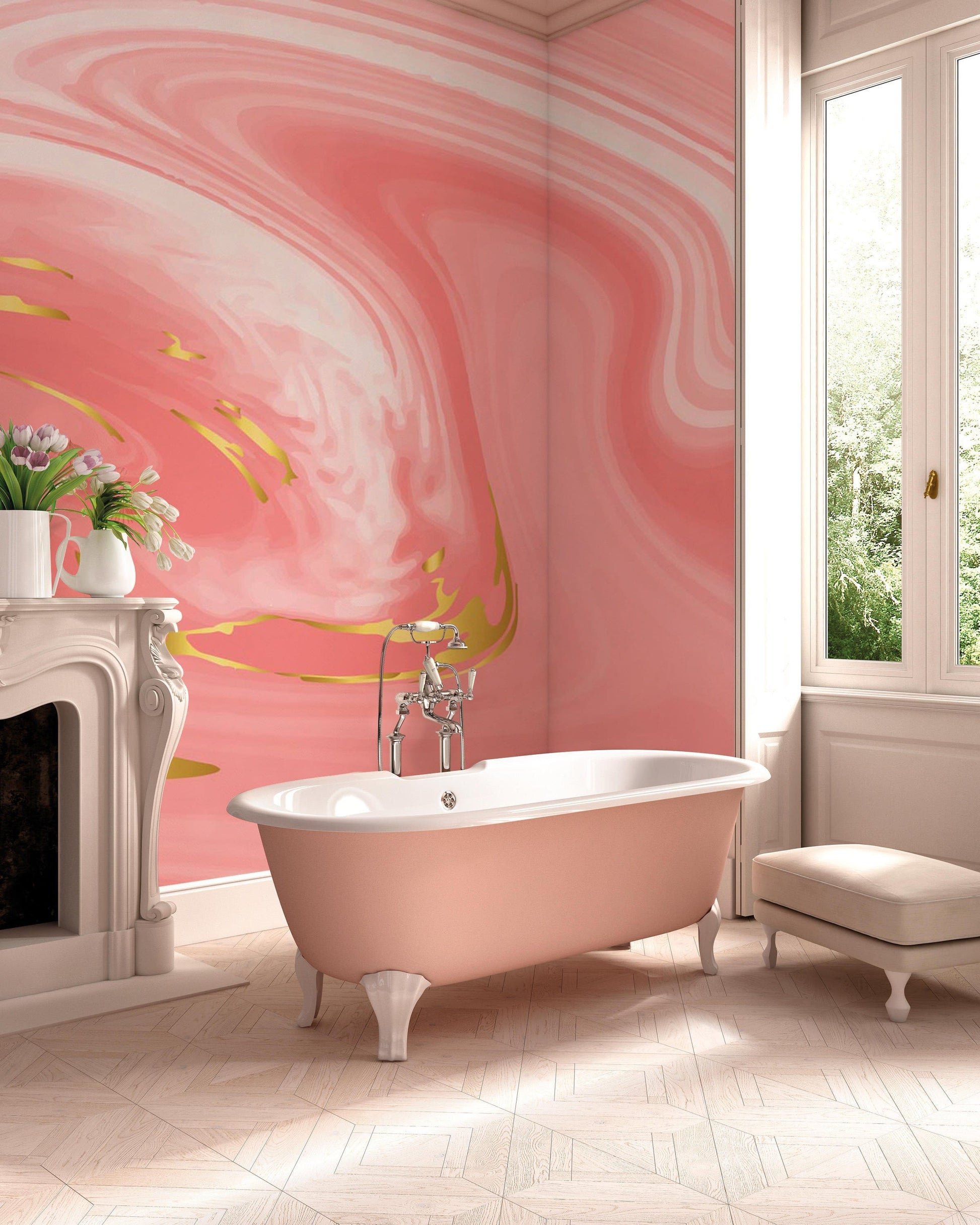 Pink Abstract Marble Pattern Wallpaper Mural for Use in Decorating the Bathroom