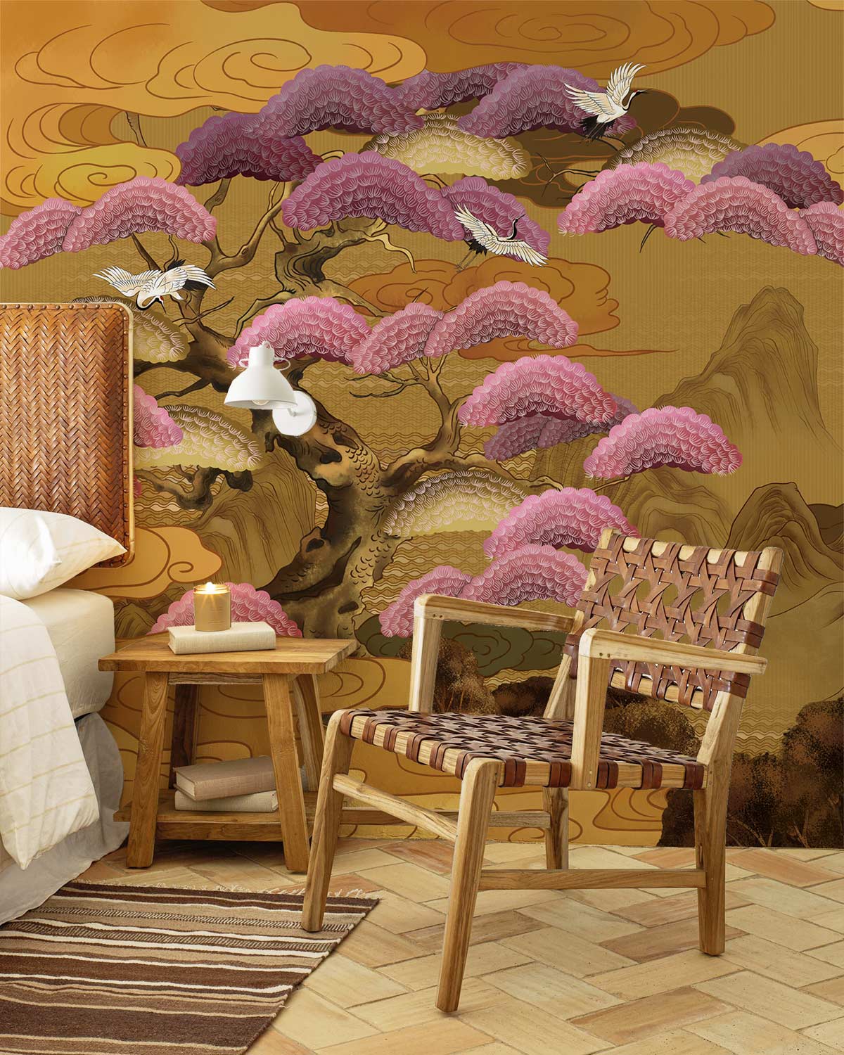 For the bedroom, we decided to go with a wallpaper mural with pink conifers.