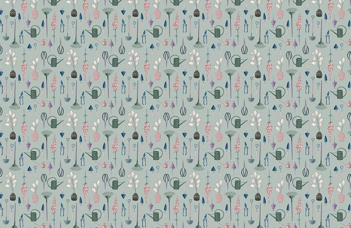 Room with a Mural of a Green Flower and Some Tools Wallpaper