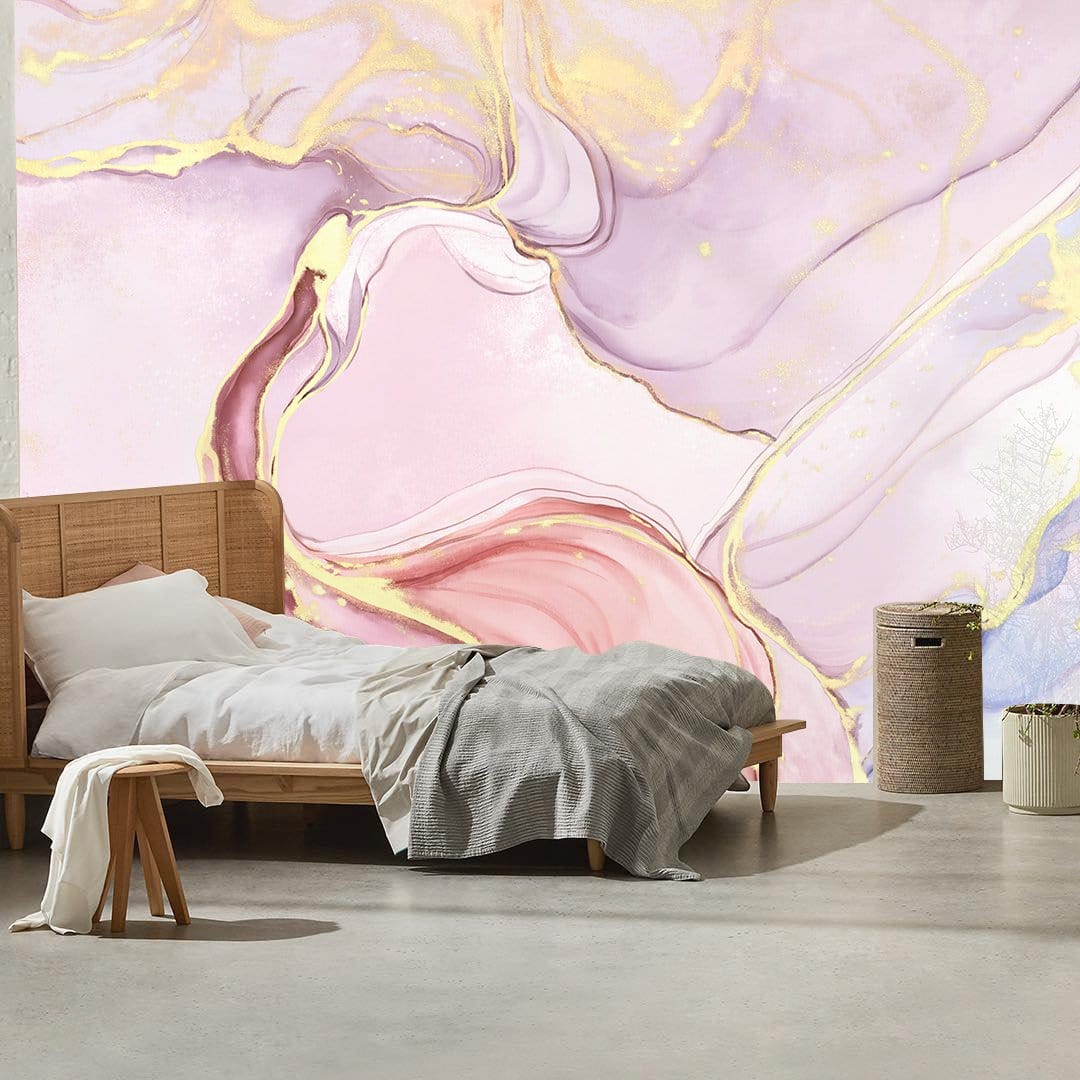 Elegant Pink Gold Abstract Mural Wallpaper in bedroom
