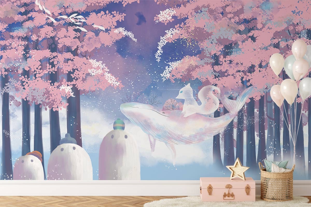 Whimsical Cherry Blossom Fantasy Mural Wallpaper in children's room