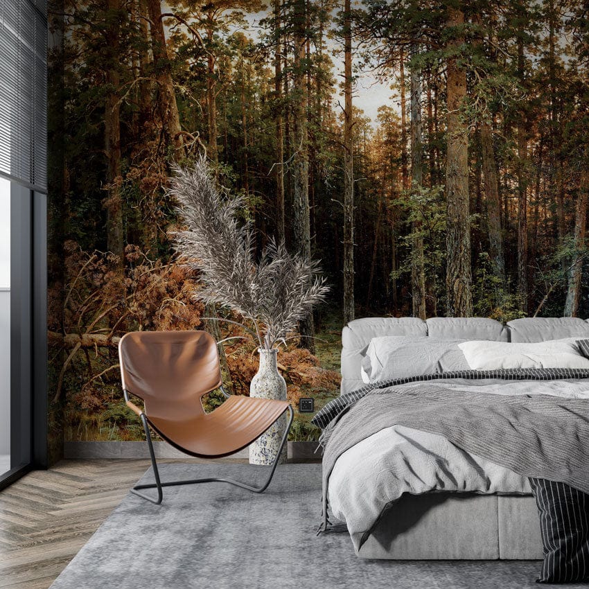 piny wood wall mural bedroom decoration idea