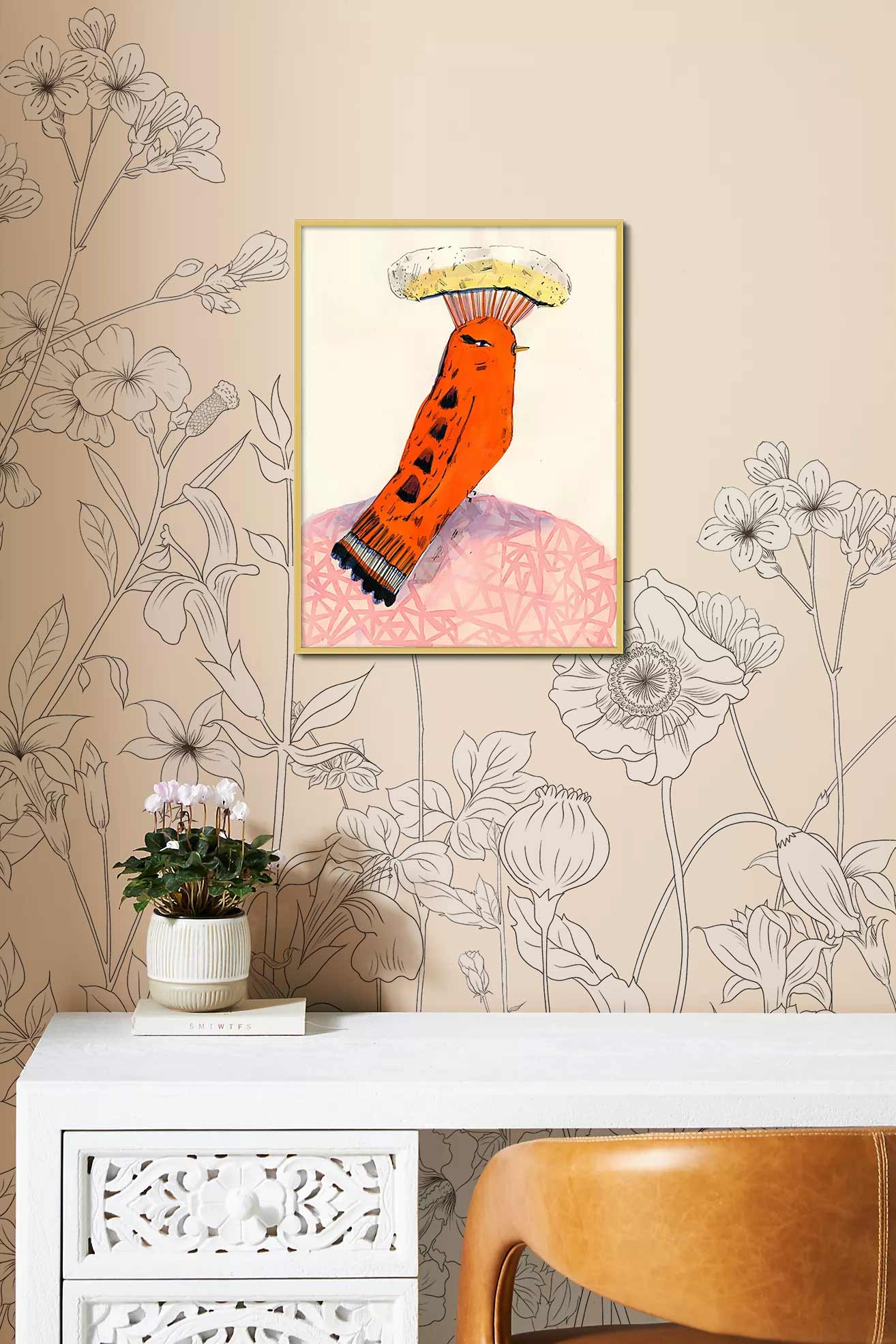 Elegant Beige Botanical Line Art Wallpaper Mural in office