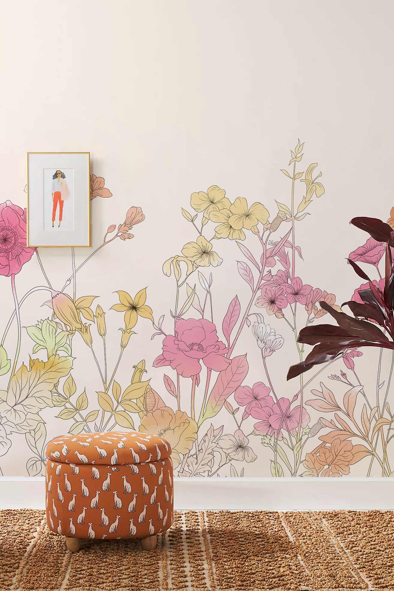 Vintage Botanical Sketch Floral Mural Wallpaper in living room