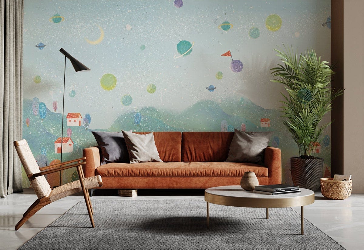 Whimsical Space Village Pastel Mural Wallpaper in living room