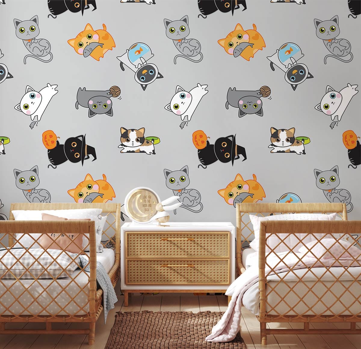 Whimsical Playful Cat Mural Wallpaper in children's room