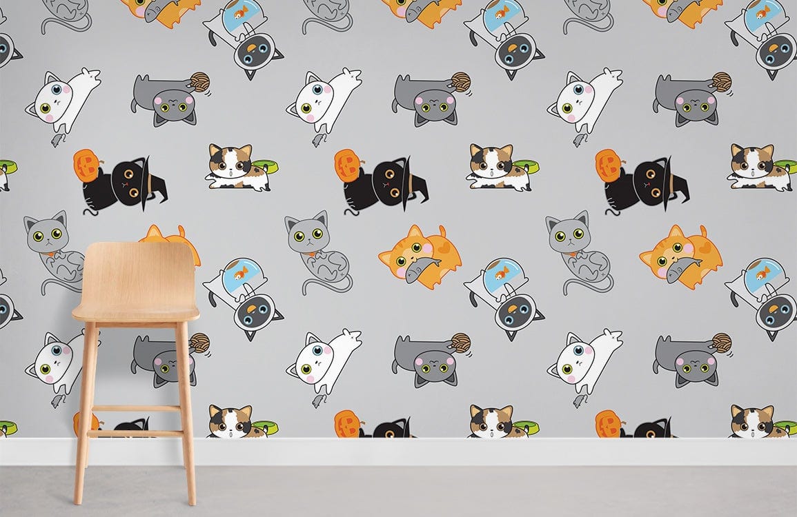 Whimsical Playful Cat Mural Wallpaper in playroom